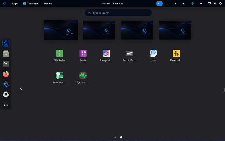 GNOME app overview on dark Spectre desktop, second page