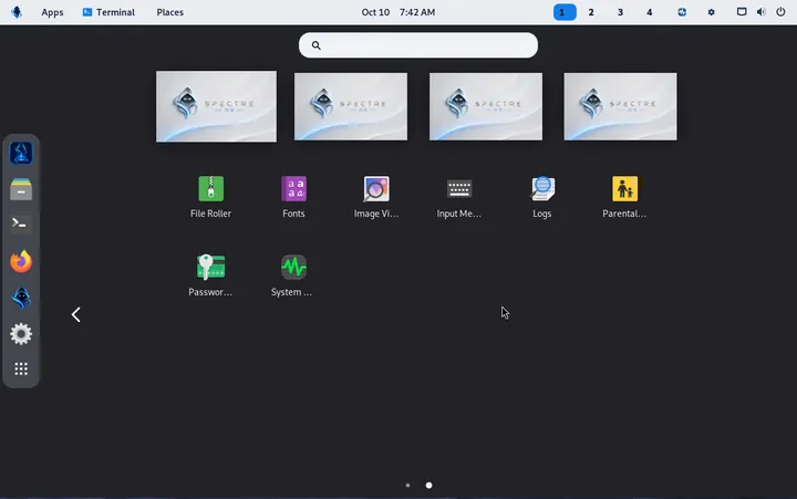 GNOME app overview on light Spectre desktop, second page