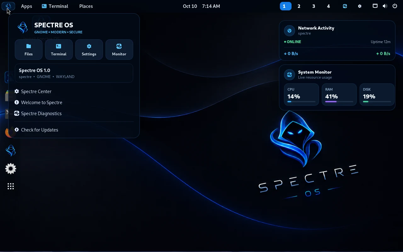 Spectre OS dark desktop showing custom application menu, network activity, and live system-monitor widgets