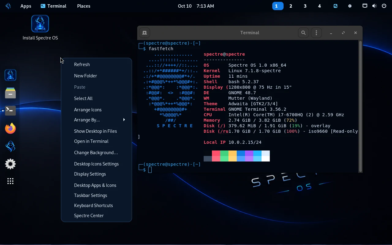 Actual Spectre OS Fastfetch terminal displaying Spectre OS name and Linux 7.1.8-spectre kernel