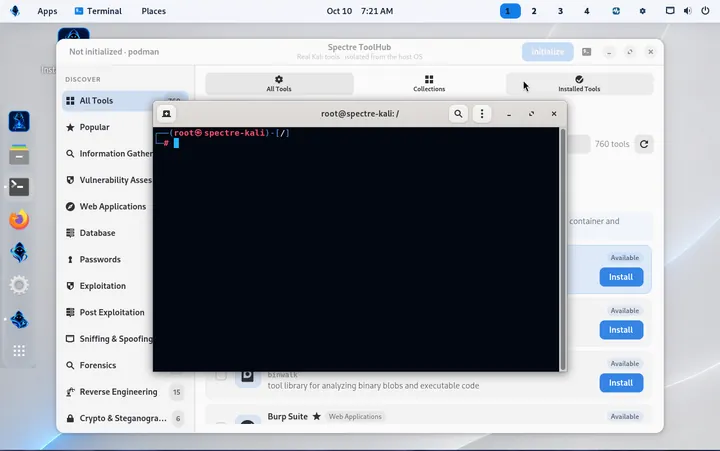 Kali container terminal open over the Spectre ToolHub