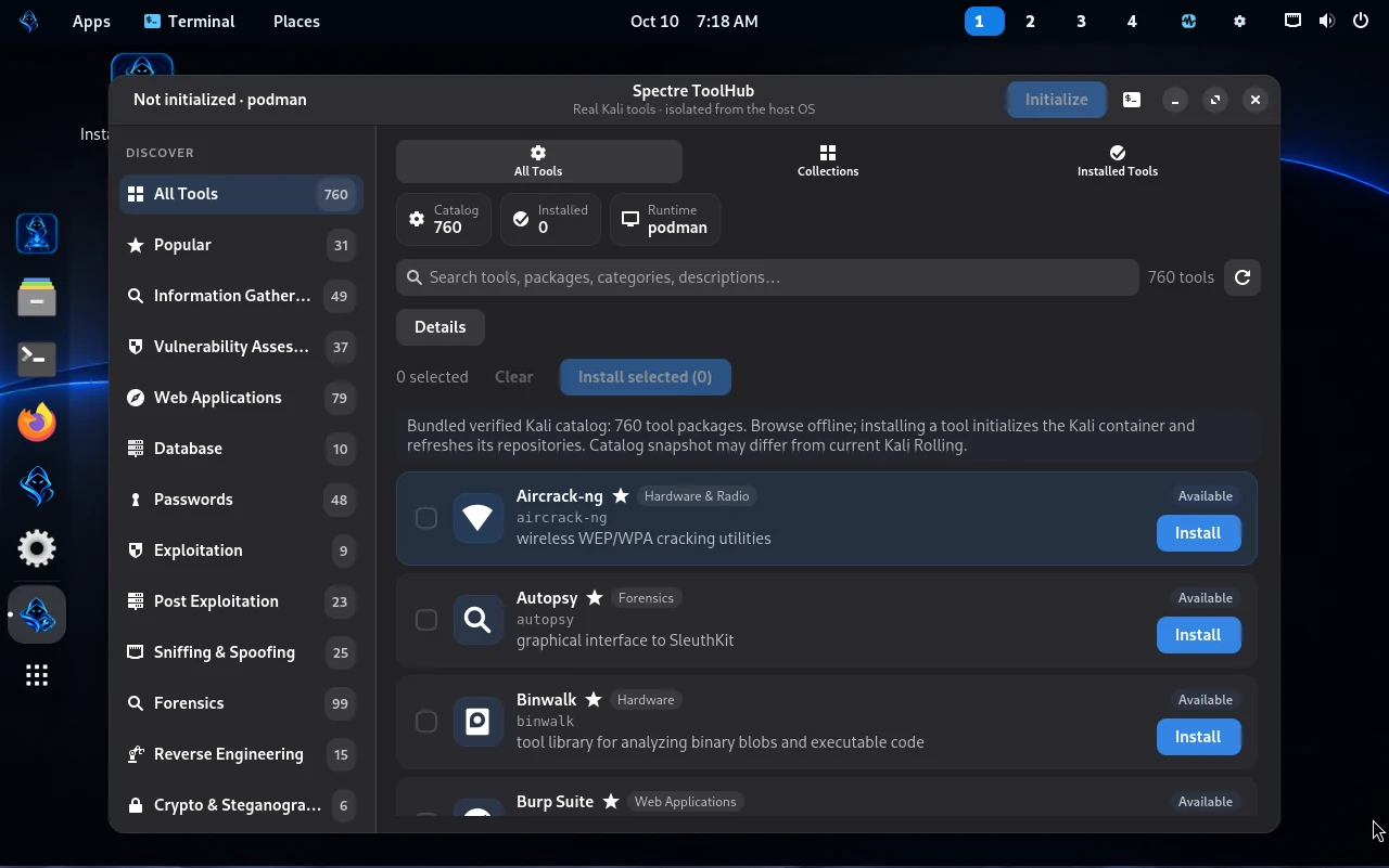 Real Spectre ToolHub dark interface with 760 offline tools, install buttons and category sidebar